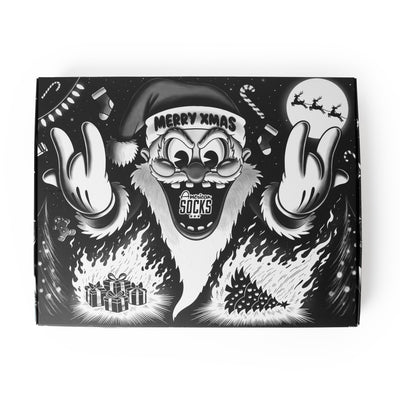 Christmas gift box packaging with cool rock santa claus design by american socks