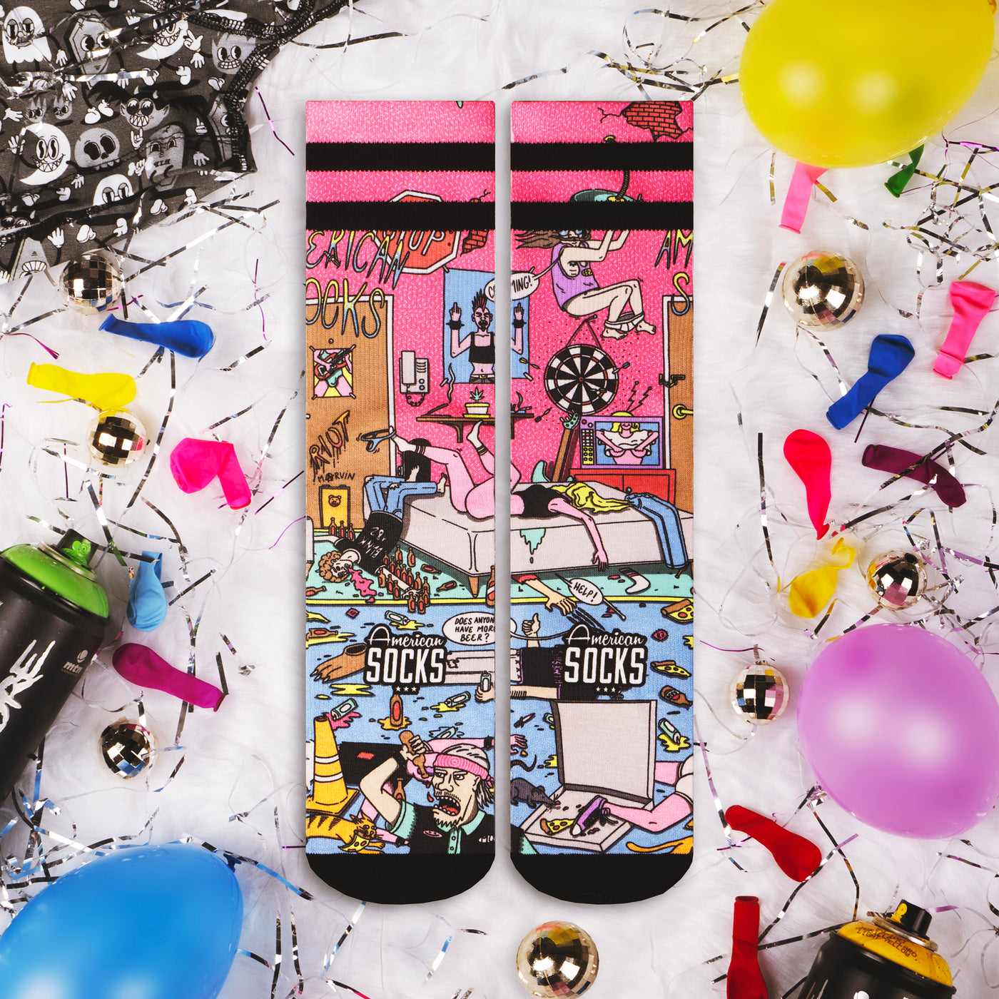 Funky socks with a crazy party room design full of beer pizza and out of control characters american socks