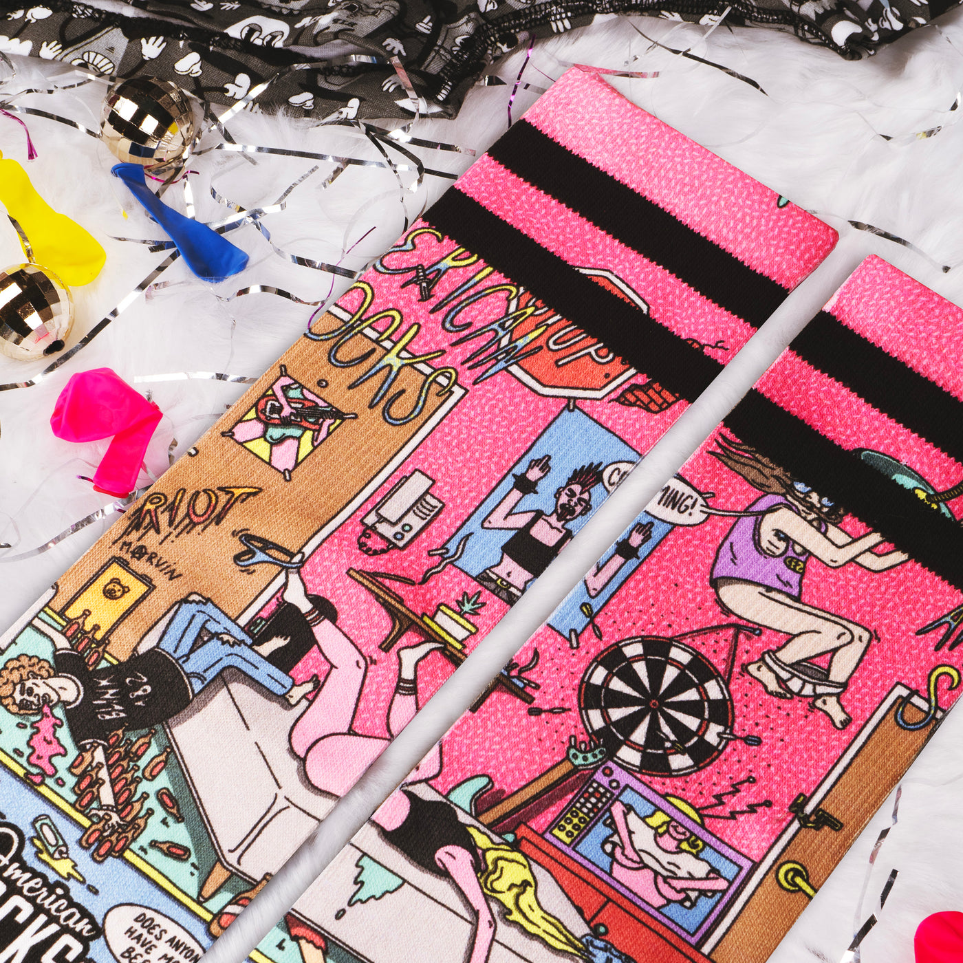 Colorful socks featuring a chaotic messy room scene with punk characters partying american socks 