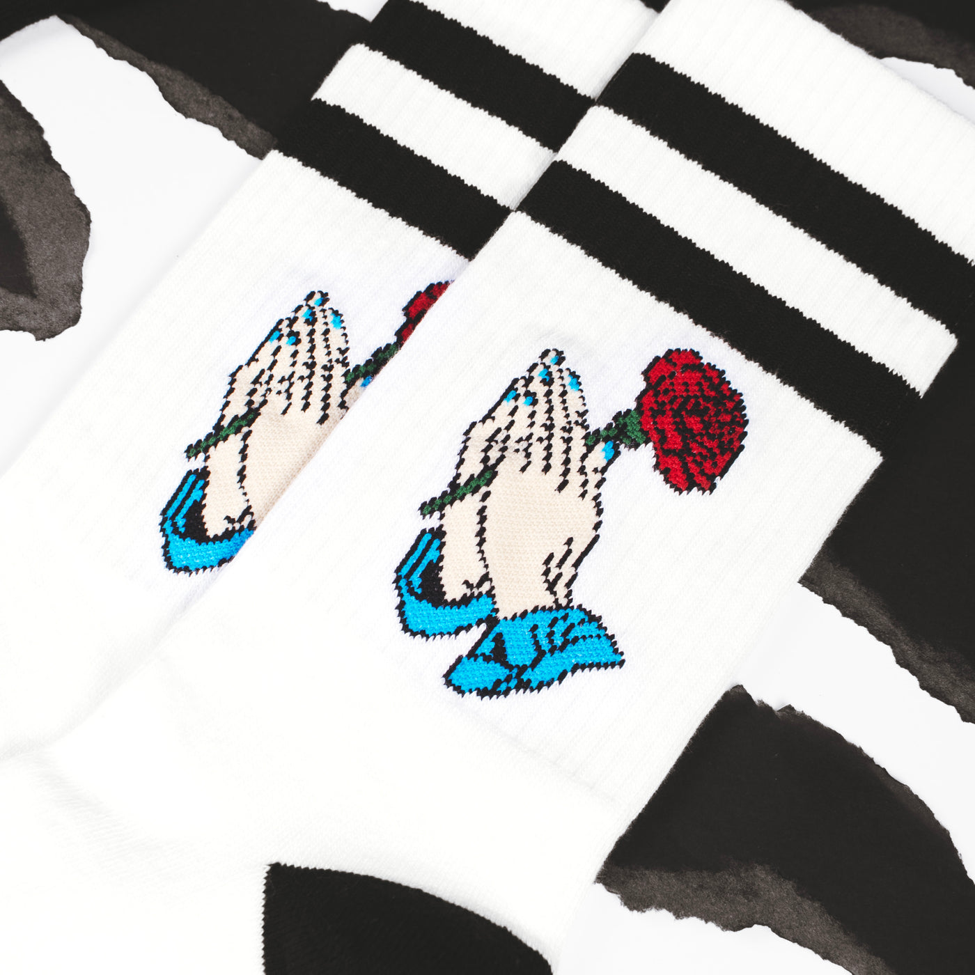 Cute crew socks with hands holding rose design and two black stripes american socks