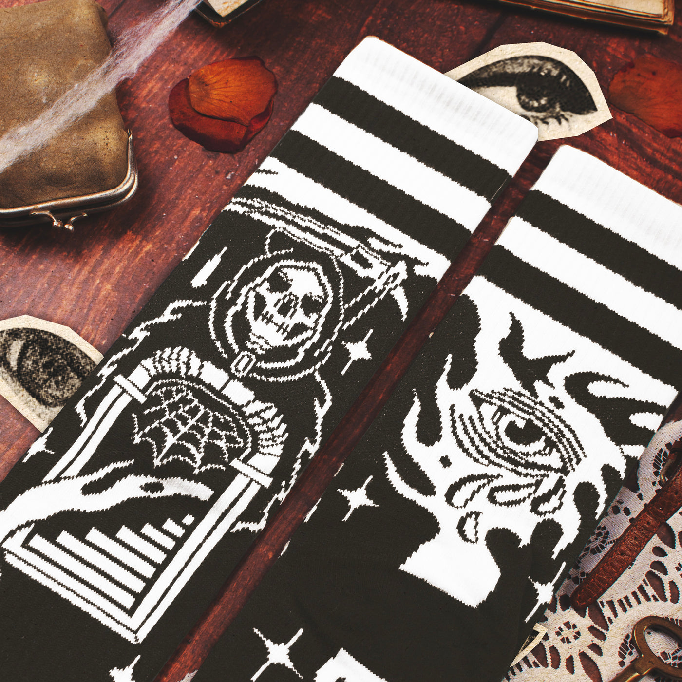 Dark goth crew socks with grim reaper on top of death's door design by american socks