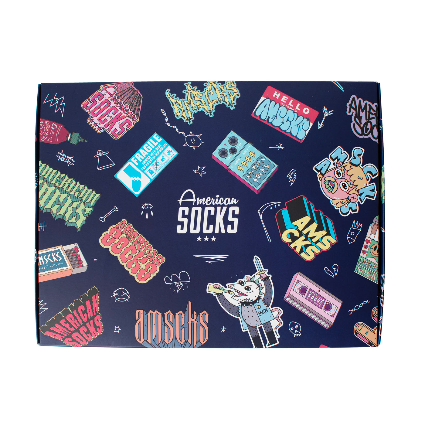 Cool gift box by american socks with logo in different styles and messy doodles