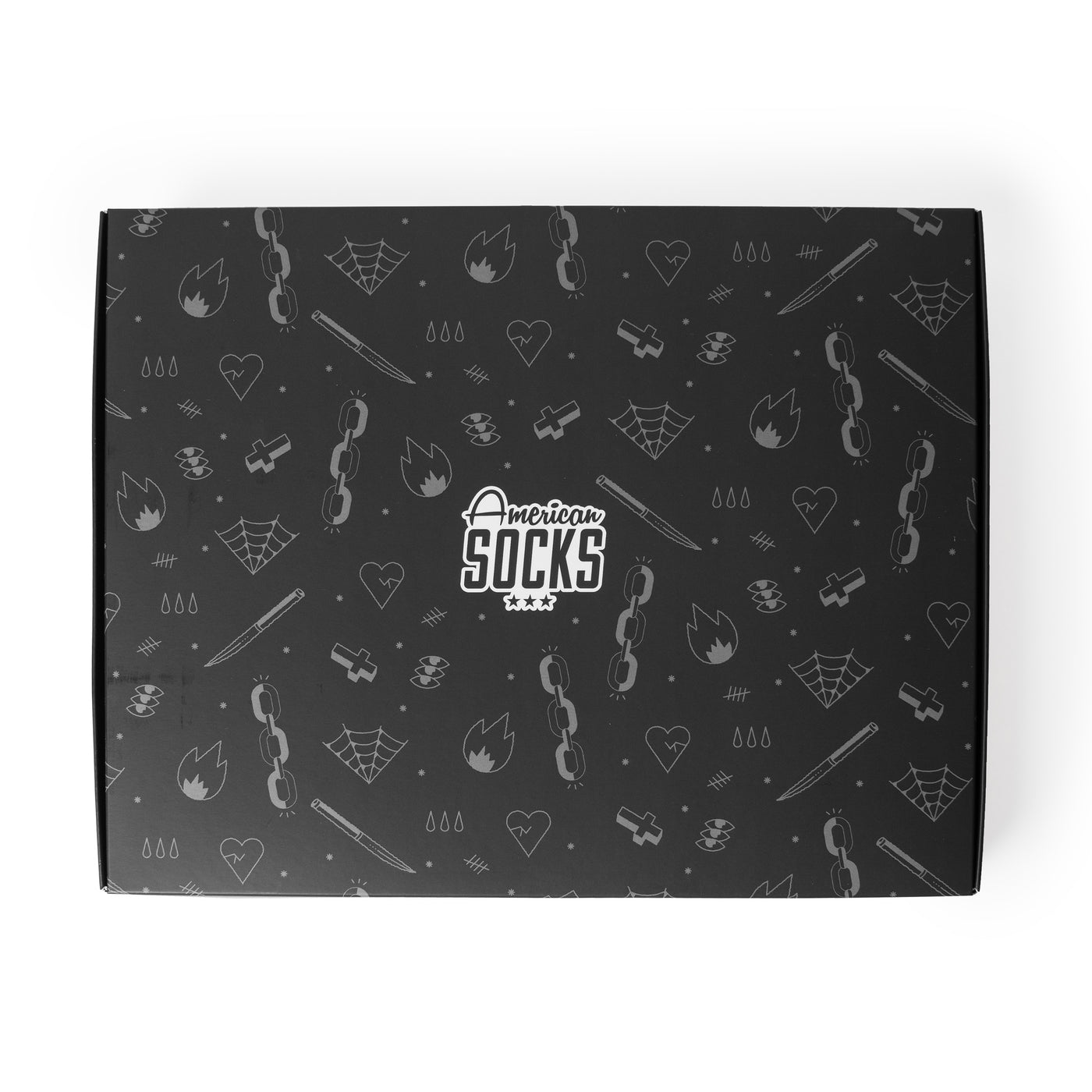 Black giftbox with grey small illustrations of knifes spider webs hearts and crosses by american socks