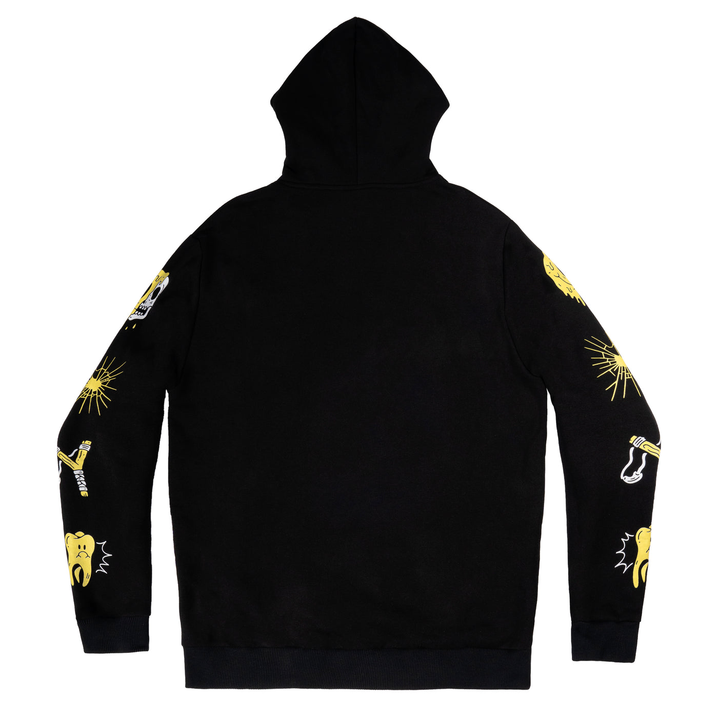 Black unique hoodie with trendy sleeve illustrations seen from the back american socks