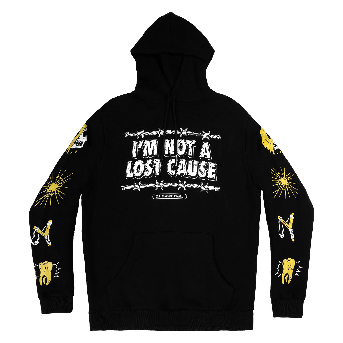 Cool black streetwear hoodie with alternative sleeve illustrations american socks