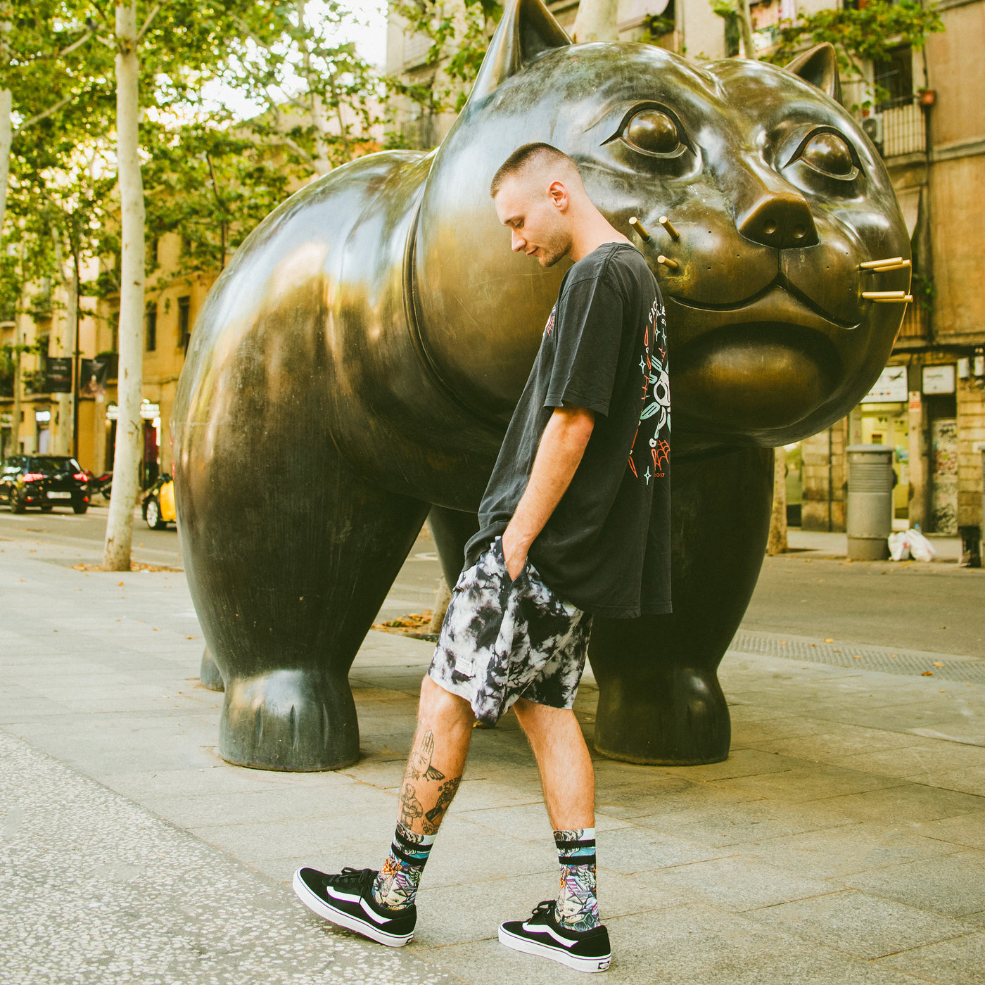 Person wearing streetwear clothing in front of cat statue american socks