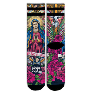 Guadalupe Mid High Socks with the Virgin of Guadalupe and roses on pink, by American Socks